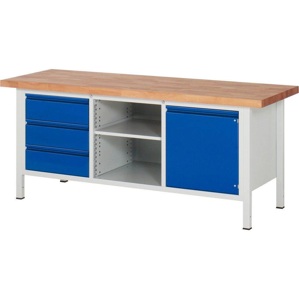 Produktabbildung Nr. 1: RAU Établi série 8000, 1 caisson triple, 1 tablette, 1 porte battante, HxlxP 840-1 040 x 2 000 x 700 mm, 3 tiroirs, poignée intégrée
