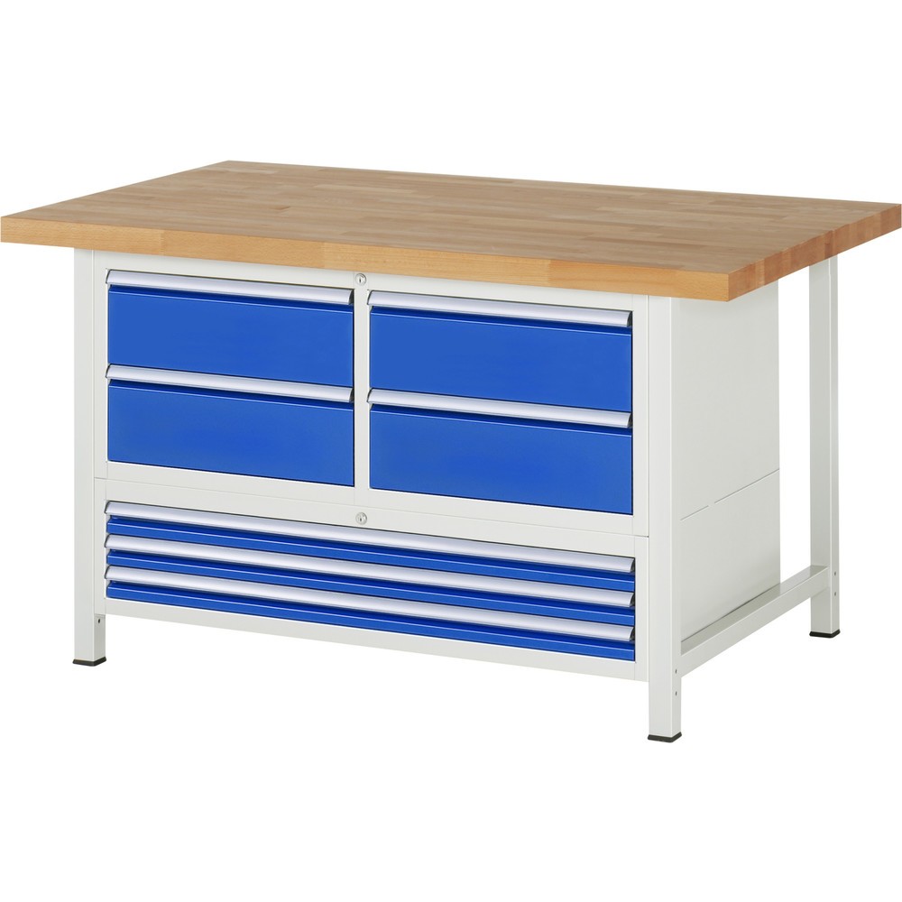 N° de l'image du produit 1 : RAU Établi série 8000, 1 caisson triple, HxlxP 840-1 040 x 1 500 x 900 mm, 7 tiroirs extractibles à 100 % 3 x 60, 4 x 180 mm