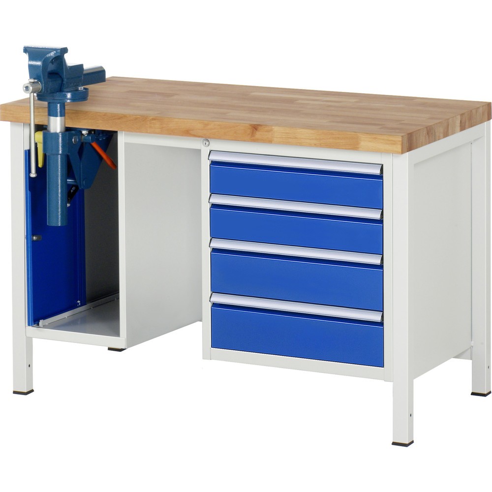 Illustration du produit: RAU Établi série 8000, 2 caissons, HxlxP 840-1 040 x 1 250 x 700 mm, 4 tiroirs extractibles à 100 % 2 x 120, 2 x 150 mm, étau inclus