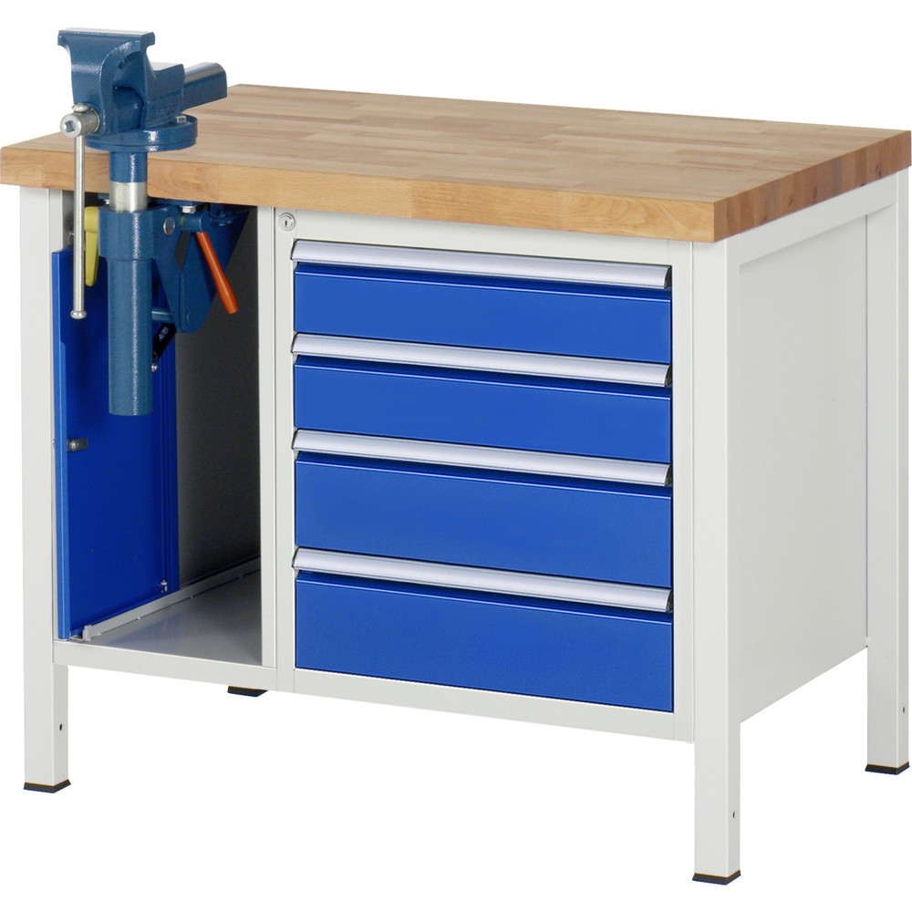 Illustration du produit: RAU Établi série 8000, 2 caissons, HxlxP 840 x 1 000 x 700 mm, 4 tiroirs extractibles à 100 % 2 x 120, 2 x 150 mm, étau inclus