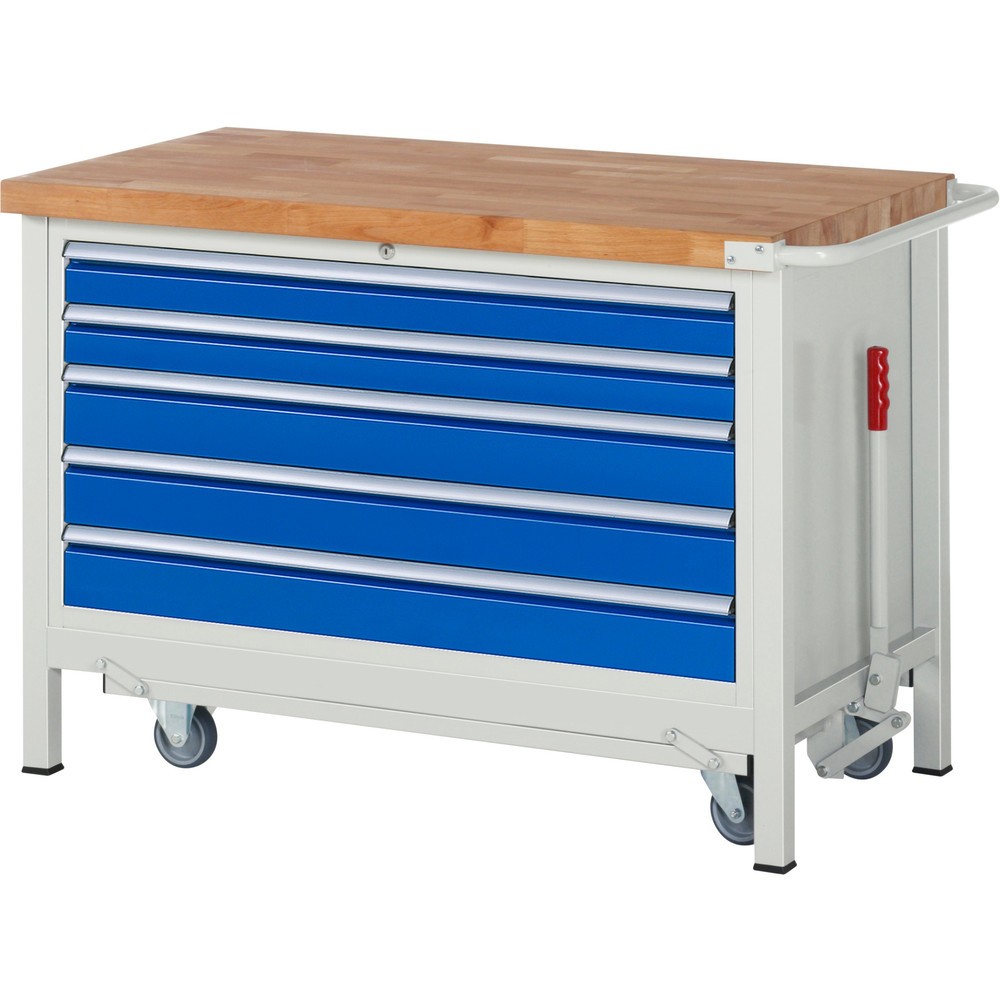 Produktabbildung Nr. 1: RAU Établi série 8000 avec rouleur abaissable, 1 caisson, HxlxP 880 x 1 250 x 700 mm, 5 tiroirs extractibles à 100%, capacité de charge des tiroirs 50 kg