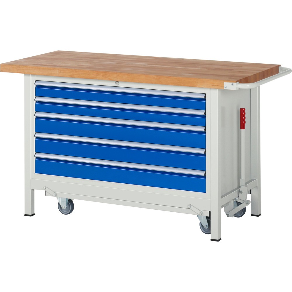 Produktabbildung Nr. 1: RAU Établi série 8000 avec rouleur abaissable, 1 caisson, HxlxP 880 x 1 500 x 700 mm, 5 tiroirs extractibles à 100%, capacité de charge des tiroirs 50 kg