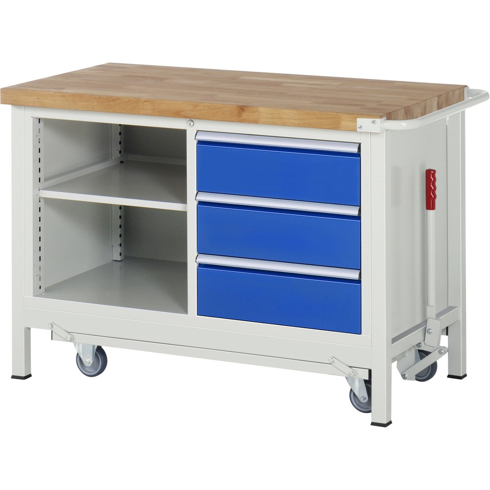 Illustration du produit: RAU Établi avec châssis série 8000, HxlxP 880 x 1 250 x 700 mm, 1 double caisson sous plateau, avec 3 tiroirs et compartiment de rangement