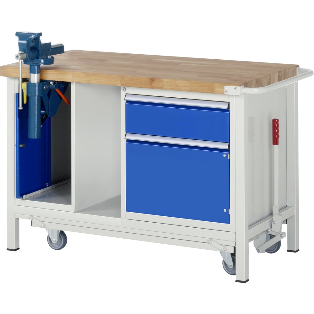 Illustration du produit: RAU Établi avec châssis série 8000, HxlxP 880 x 1 250 x 700 mm, 1 caisson sous plateau, avec 1 porte battante, 1 tiroir et un étau escamotable