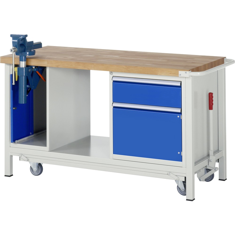 Produktabbildung Nr. 1: RAU Établi avec châssis série 8000, HxlxP 880 x 1 500 x 700 mm, 1 caisson sous plateau, avec 1 porte battante, 1 tiroir et un étau escamotable