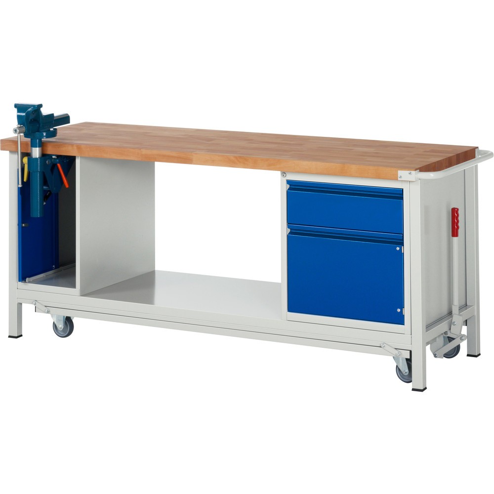 Illustration du produit: RAU Établi série 8000 avec rouleur abaissable, 2 caissons, 1 tablette, HxlxP 880 x 2 000 x 700 mm, 1 tiroirs extractibles à 90%, 1 porte battante