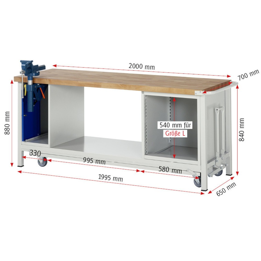 Produktabbildung Nr. 12: RAU Établi série 8000 avec rouleur abaissable, 2 caissons, 1 tablette, HxlxP 880 x 2 000 x 700 mm, 1 tiroirs