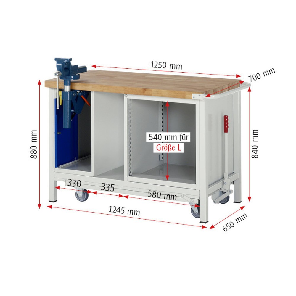 Produktabbildung Nr. 11: RAU Établi série 8000 avec rouleur abaissable, 2 caissons, 1 tablette, HxlxP 880 x 1 250 x 700 mm, 3 tiroirs extractibles à 100%