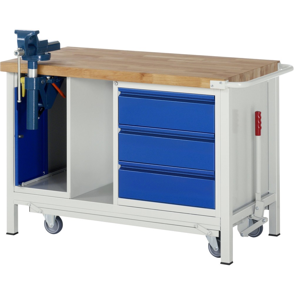 Produktabbildung Nr. 1: RAU Établi série 8000 avec rouleur abaissable, 2 caissons, 1 tablette, HxlxP 880 x 1 250 x 700 mm, 3 tiroirs extractibles à 90%