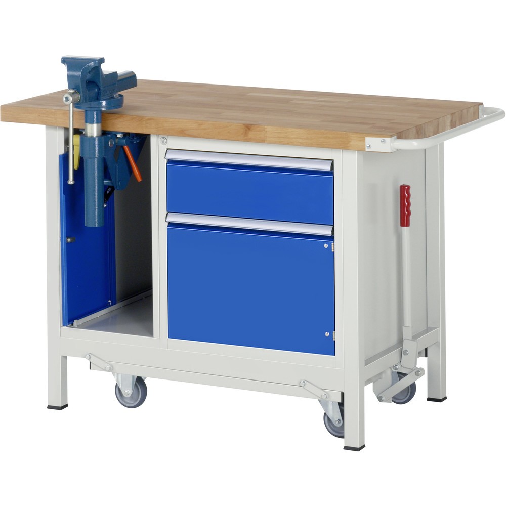 Illustration du produit: RAU Établi avec châssis série 8000, HxlxP 880 x 1 250 x 700 mm, 1 caisson sous plateau, avec 1 porte battante, 1 tiroir et un étau escamotable