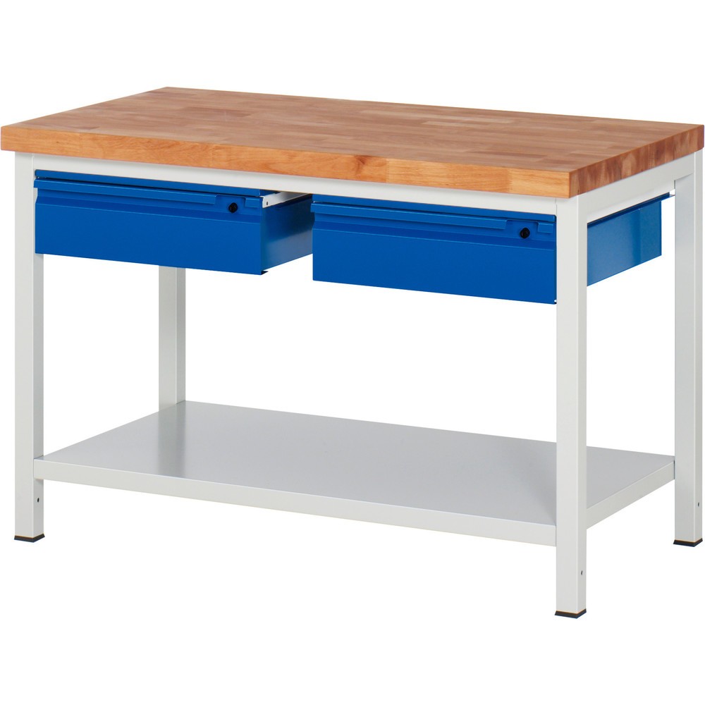 Produktabbildung Nr. 1: RAU Établi série 8000, Plan de travail en hêtre massif, épaisseur 40 mm, HxlxP 840 x 1 250 x 700 mm, 2 tiroirs, 1 tablette profondeur 650 mm