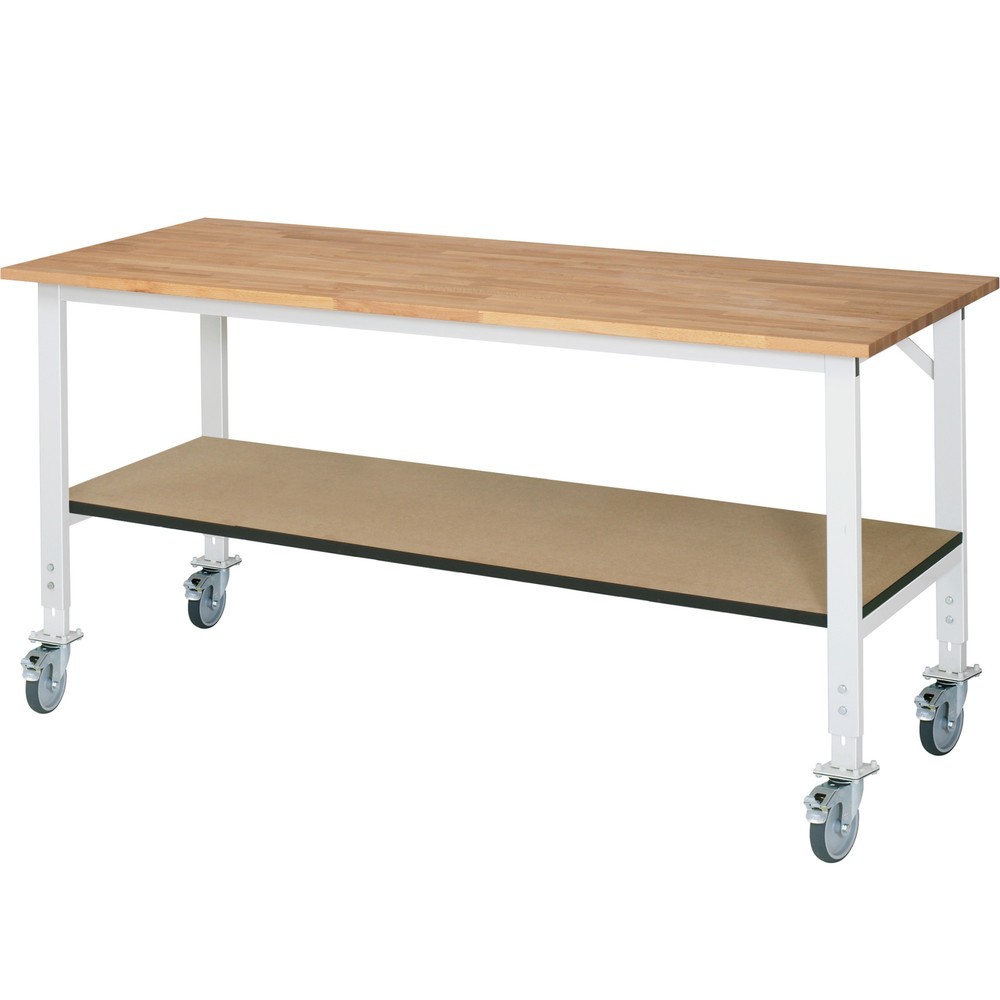 Produktabbildung: RAU höhenverstellbarer, mobiler Werktisch Serie TOM, HxBxT 760-1.080 x 2.500 x 800 mm, Arbeitsplatte Buche-Massiv