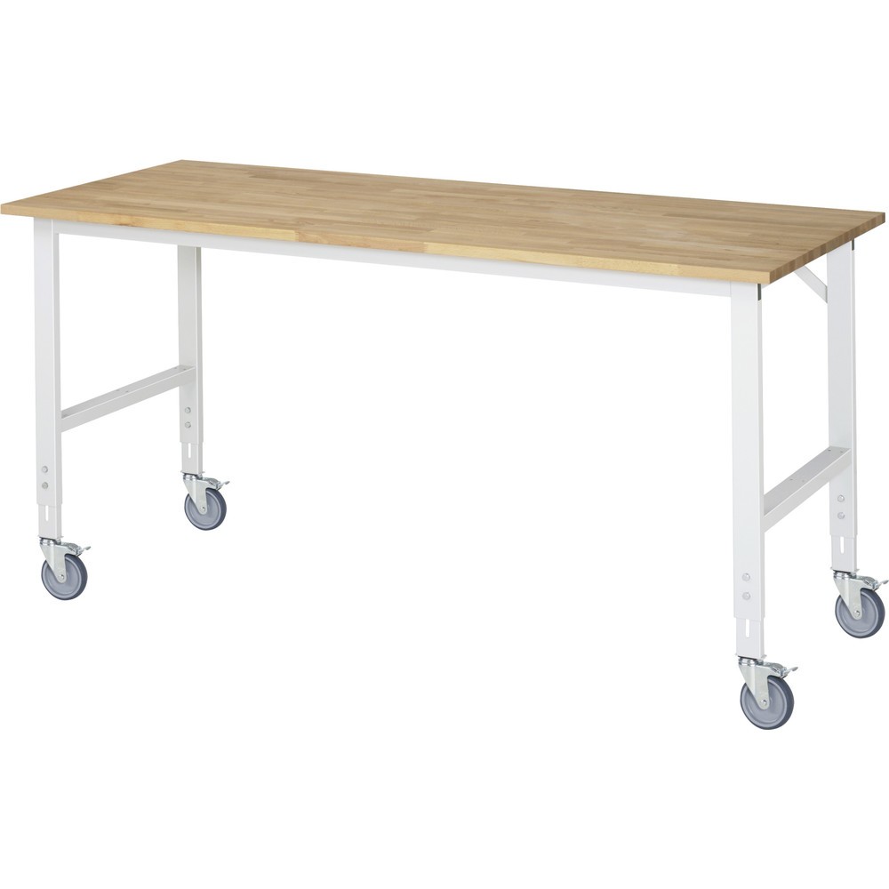 Produktabbildung Nr. 1: RAU höhenverstellbarer, mobiler Werktisch Serie TOM, Höhe 910-1.230 mm, BxT 2.500 x 800 mm, Arbeitplatte Buche-Massiv