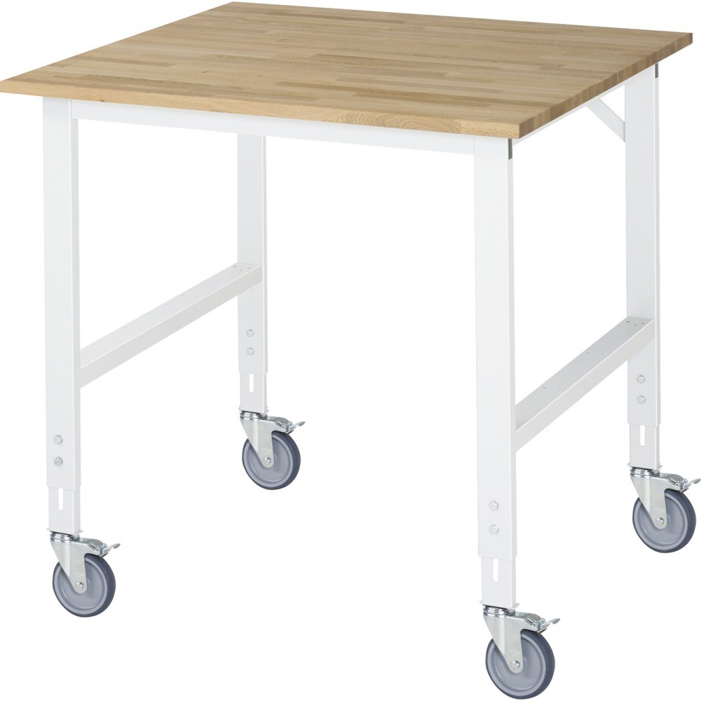 Produktabbildung Nr. 1: RAU höhenverstellbarer, mobiler Werktisch Serie TOM, Höhe 910-1.230 mm, BxT 1.000 x 1.000 mm, Arbeitplatte Buche-Massiv