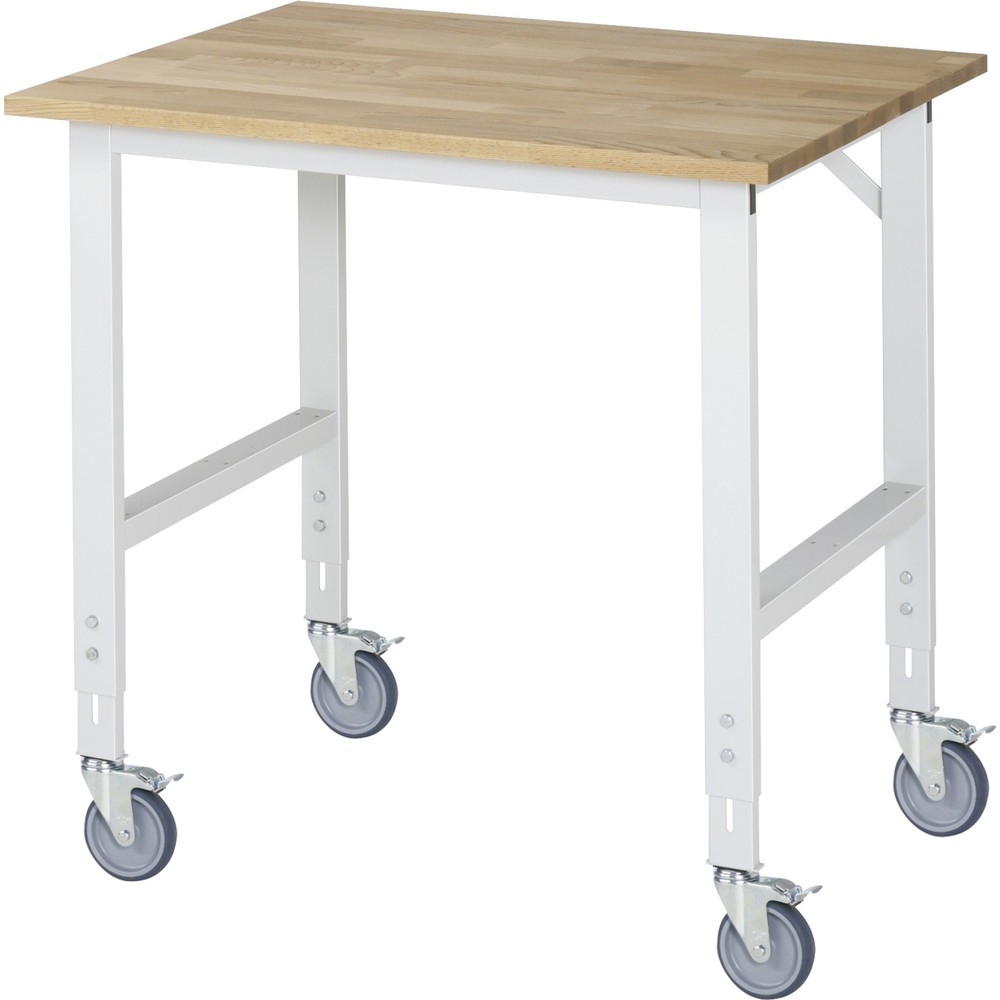 Produktabbildung Nr. 1: RAU höhenverstellbarer, mobiler Werktisch Serie TOM, Höhe 910-1.230 mm, BxT 1.000 x 800 mm, Arbeitplatte Buche-Massiv
