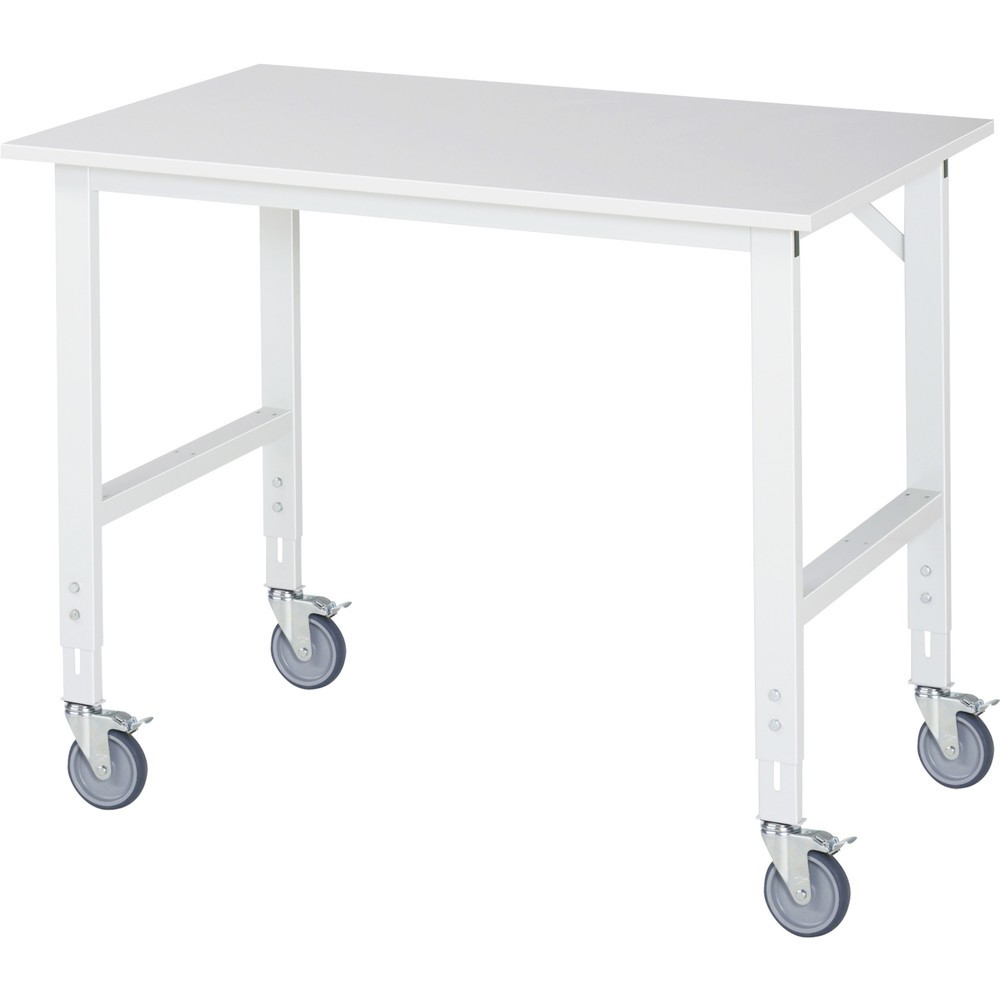 Produktabbildung Nr. 1: RAU höhenverstellbarer, mobiler Werktisch Serie TOM, Höhe 910-1.230 mm, BxT 1.250 x 800 mm, Arbeitplatte Melamin-Belag