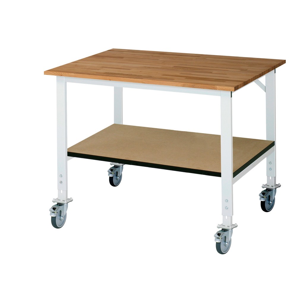 Produktabbildung Nr. 1: RAU höhenverstellbarer, mobiler Werktisch Serie TOM mit Ablageboden, HxBxT 910-1.230 x 1.250 x 1.000 mm, Arbeitsplatte Buche-Massiv