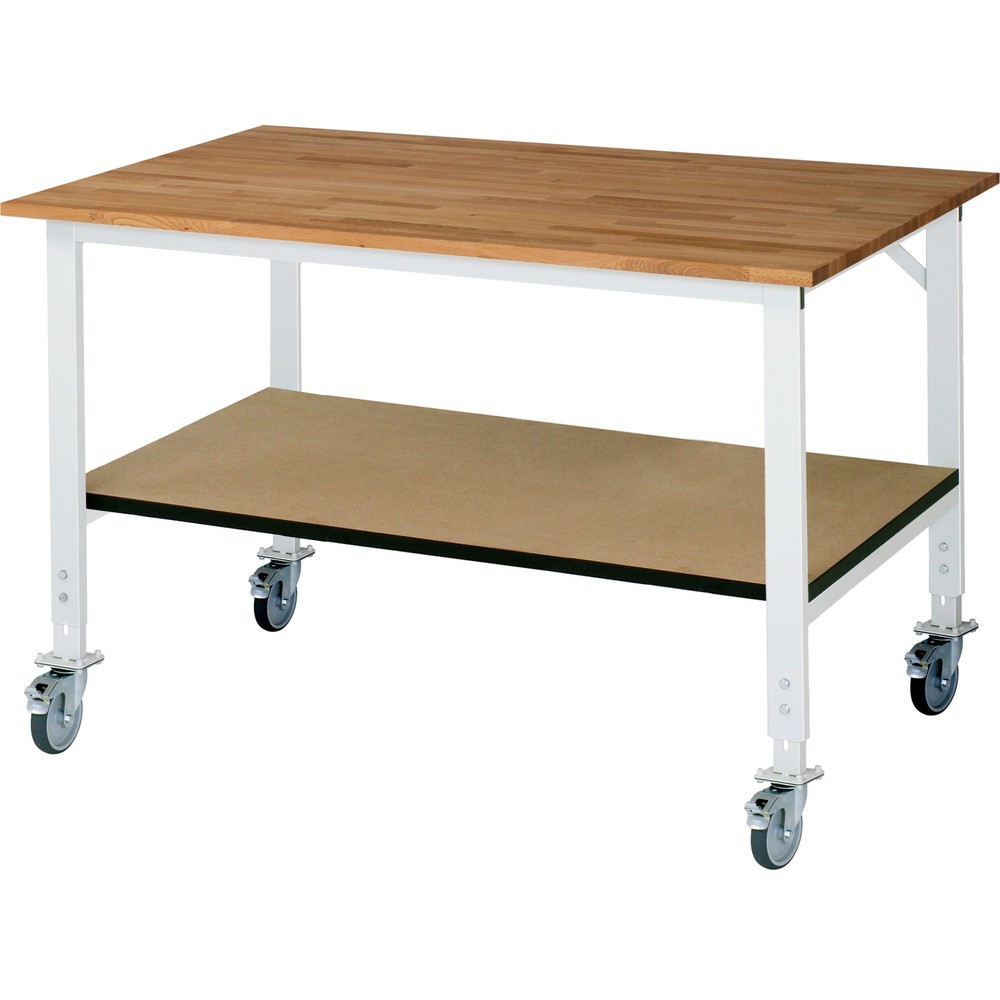 Produktabbildung Nr. 1: RAU höhenverstellbarer, mobiler Werktisch Serie TOM mit Ablageboden, HxBxT 910-1.230 x 1.500 x 1.000 mm, Arbeitsplatte Buche-Massiv