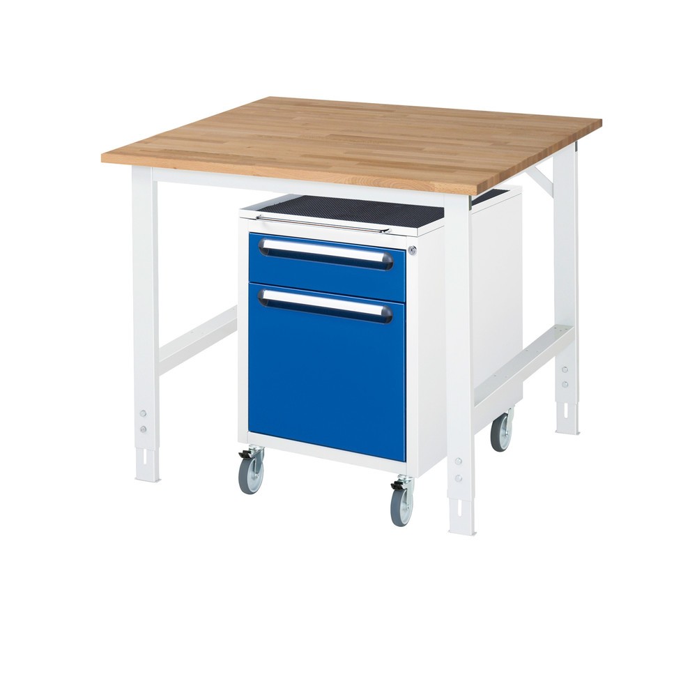 Produktabbildung Nr. 1: RAU Kit d'atelier TOM en 2 parties, avec établi, Hxlxp 760-1 080 x 1 000 x 1 000 mm, Plan de travail en hêtre massif, incl. caisson à roulettes avec 2 tiroirs, HxlxP 690 x 480 x 600 mm