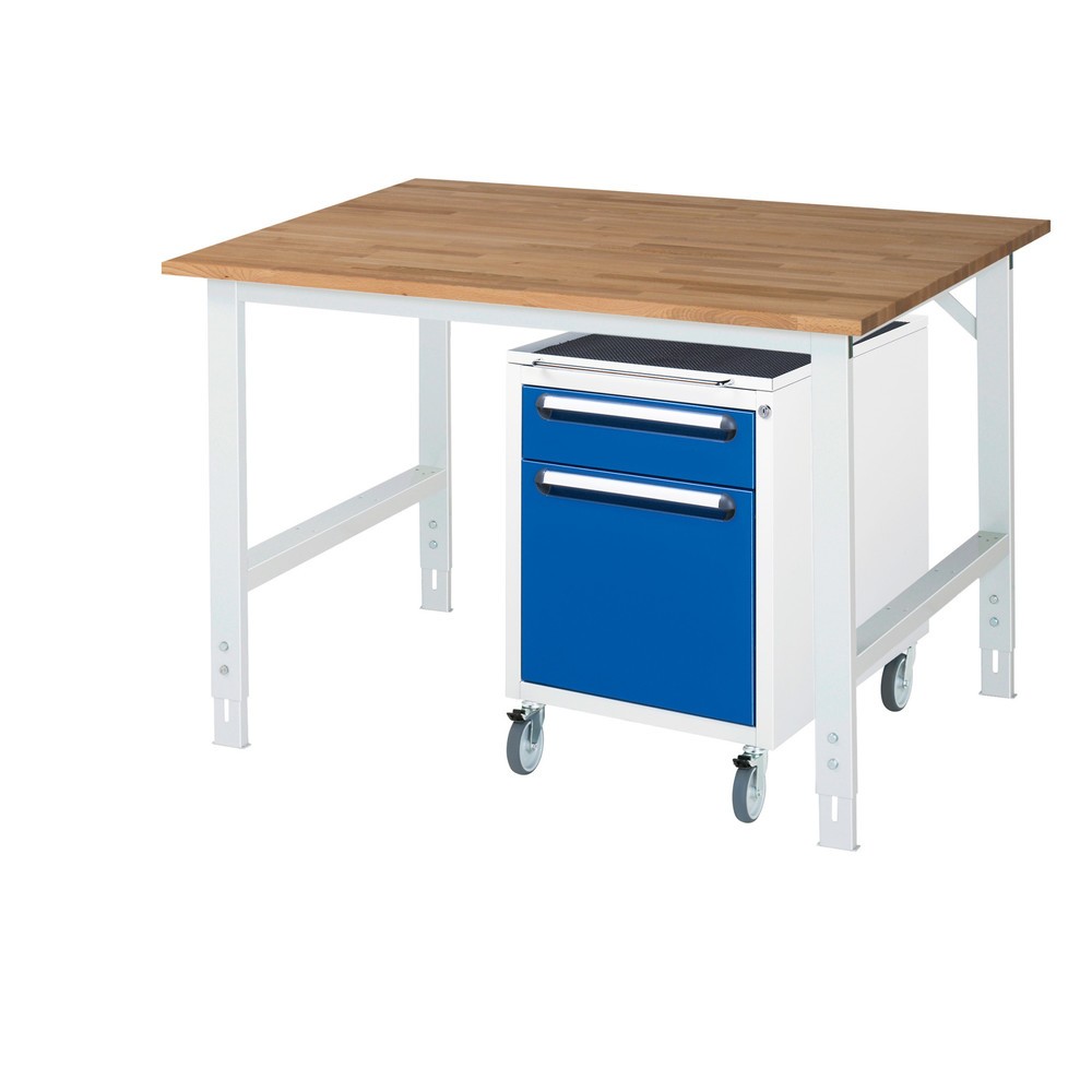 Produktabbildung Nr. 1: RAU Kit d'atelier TOM en 2 parties, avec établi, Hxlxp 760-1 080 x 1 250 x 1 000 mm, Plan de travail en hêtre massif, incl. caisson à roulettes avec 2 tiroirs, HxlxP 690 x 480 x 600 mm