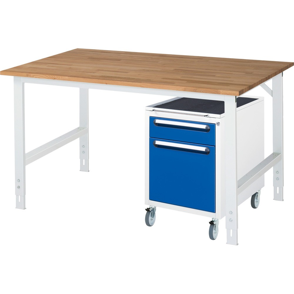 Produktabbildung Nr. 1: RAU Kit d'atelier TOM en 2 parties, avec établi, Hxlxp 760-1 080 x 1 500 x 1 000 mm, Plan de travail en hêtre massif, incl. caisson à roulettes avec 2 tiroirs, HxlxP 690 x 480 x 600 mm
