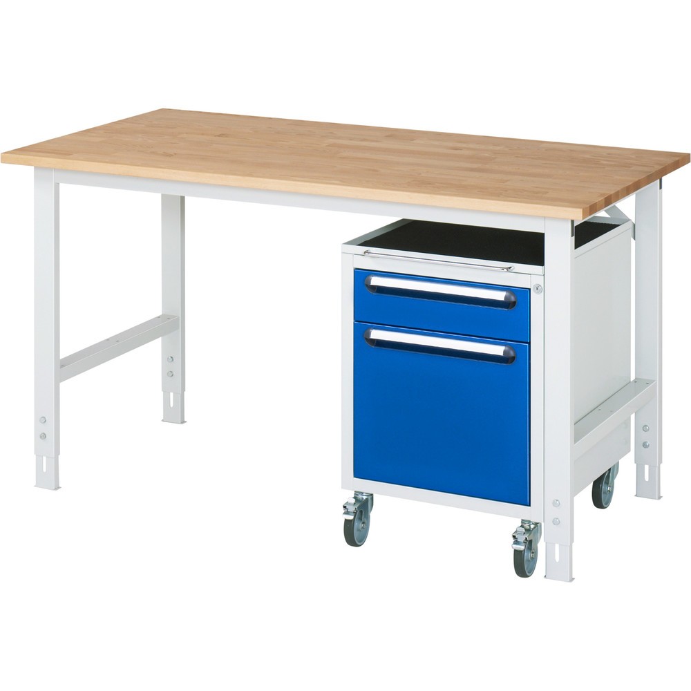 Produktabbildung Nr. 1: RAU Kit d'atelier TOM en 2 parties, avec établi, Hxlxp 760-1 080 x 1 500 x 800 mm, Plan de travail en hêtre massif, incl. caisson à roulettes avec 2 tiroirs, HxlxP 690 x 480 x 600 mm