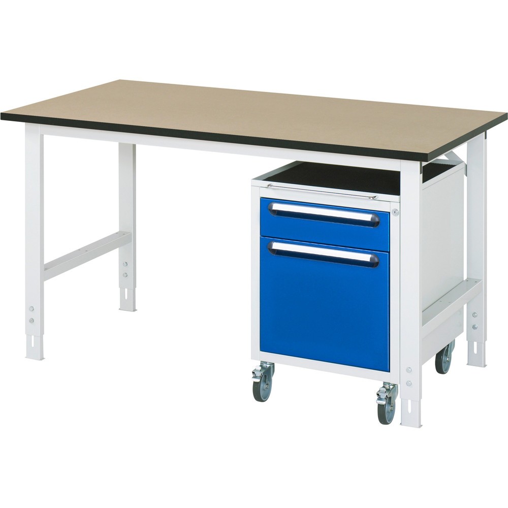 N° de l'image du produit 1 : RAU Kit d'atelier TOM en 2 parties, avec table de travail, HxlxP 760-1 080 x 1 500 x 800 mm, plan de travail en MDF, incl. caisson à roulettes avec 2 tiroirs, HxlxP 690 x 480 x 600 mm