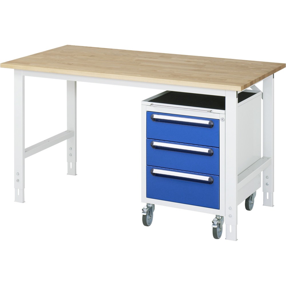 Produktabbildung Nr. 1: RAU Kit d'atelier TOM en 2 parties, avec établi, Hxlxp 760-1 080 x 1 500 x 800 mm, Plan de travail en hêtre massif, incl. caisson à roulettes avec 3 tiroirs, HxlxP 690 x 480 x 600 mm