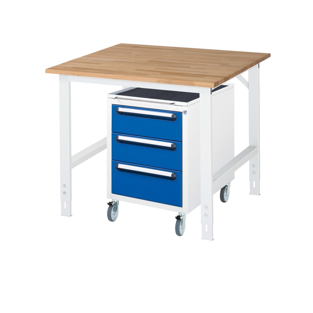 Produktabbildung Nr. 1: RAU Kit d'atelier TOM en 2 parties, avec établi, Hxlxp 760-1 080 x 1 000 x 1 000 mm, Plan de travail en hêtre massif, incl. caisson à roulettes avec 3 tiroirs, HxlxP 690 x 480 x 600 mm