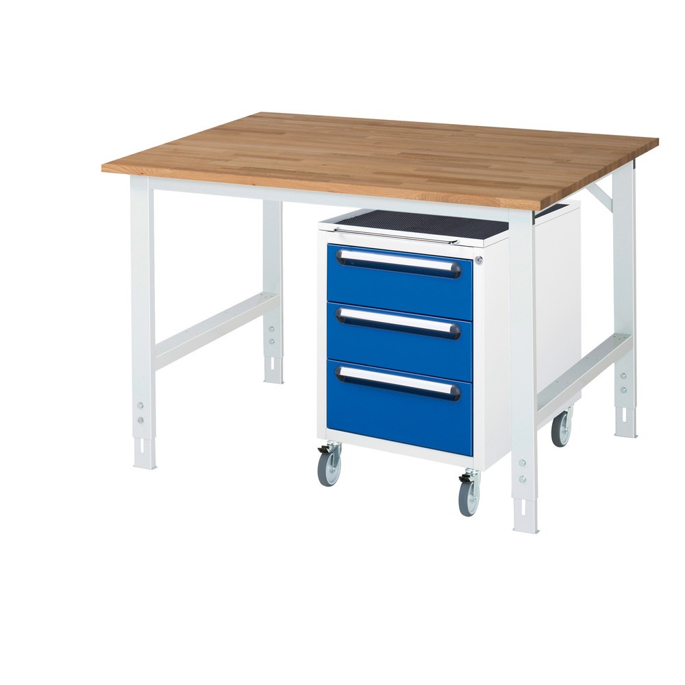 Produktabbildung Nr. 1: RAU Kit d'atelier TOM en 2 parties, avec établi, Hxlxp 760-1 080 x 1 250 x 1 000 mm, Plan de travail en hêtre massif, incl. caisson à roulettes avec 3 tiroirs, HxlxP 690 x 480 x 600 mm