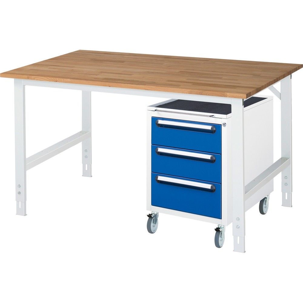 N° de l'image du produit 1 : RAU Kit d'atelier TOM en 2 parties, avec établi, Hxlxp 760-1 080 x 1 500 x 1 000 mm, Plan de travail en hêtre massif, incl. caisson à roulettes avec 3 tiroirs, HxlxP 690 x 480 x 600 mm