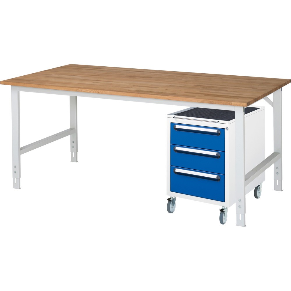 Produktabbildung Nr. 1: RAU Kit d'atelier TOM en 2 parties, avec établi, Hxlxp 760-1 080 x 2 500 x 1 000 mm, Plan de travail en hêtre massif, incl. caisson à roulettes avec 3 tiroirs, HxlxP 690 x 480 x 600 mm