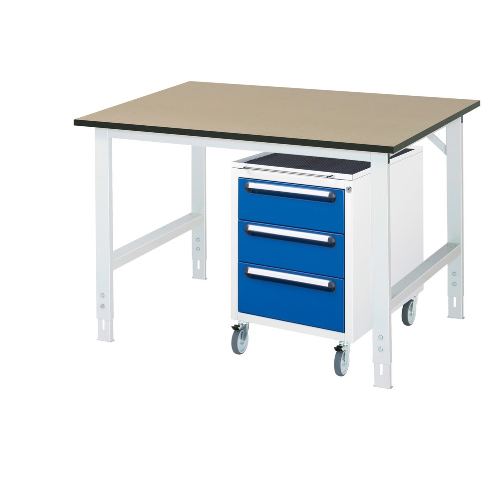Produktabbildung Nr. 1: RAU Kit d'atelier TOM en 2 parties, avec établi, Hxlxp 760-1 080 x 1 250 x 1 000 mm, Plan de travail en MDF, incl. caisson à roulettes avec 3 tiroirs, HxlxP 690 x 480 x 600 mm