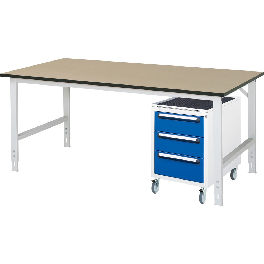 Produktabbildung Nr. 1: RAU Kit d'atelier TOM en 2 parties, avec table de travail, HxlxP 760-1 080 x 2 500 x 1 000 mm, plan de travail en MDF, incl. caisson à roulettes avec 3 tiroirs, HxlxP 690 x 480 x 600 mm