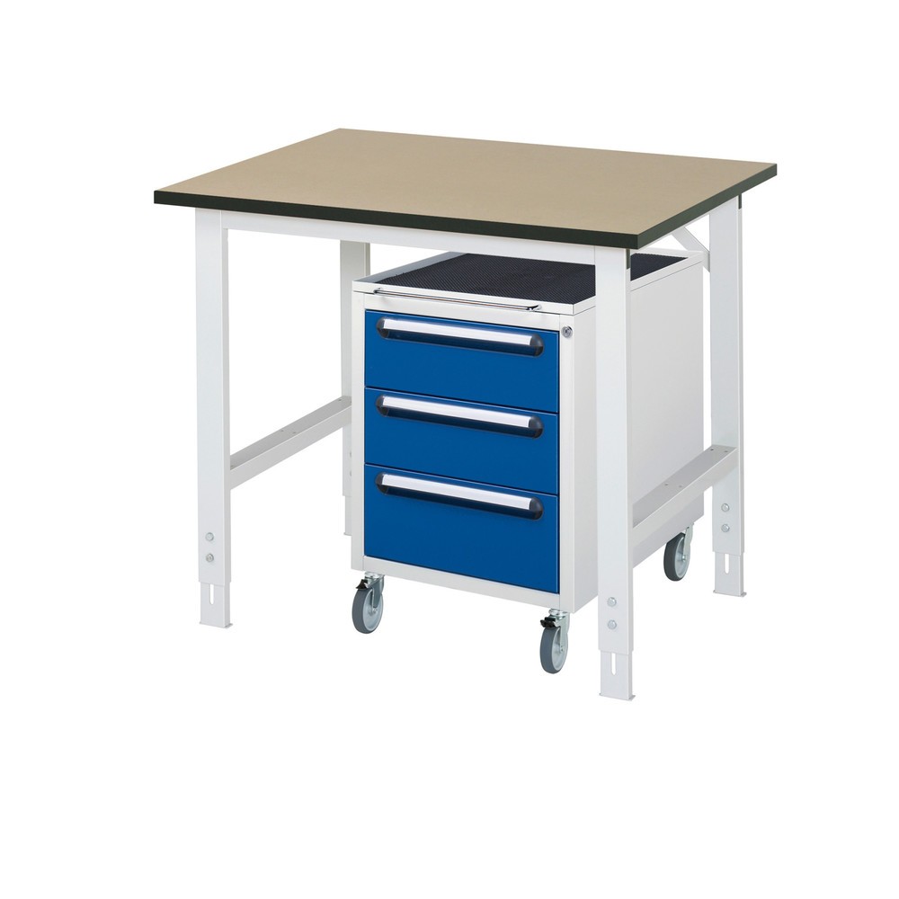 Illustration du produit: RAU Kit d'atelier TOM en 2 parties, avec table de travail, HxlxP 760-1 080 x 1 000 x 800 mm, plan de travail en MDF, incl. caisson à roulettes avec 3 tiroirs, HxlxP 690 x 480 x 600 mm
