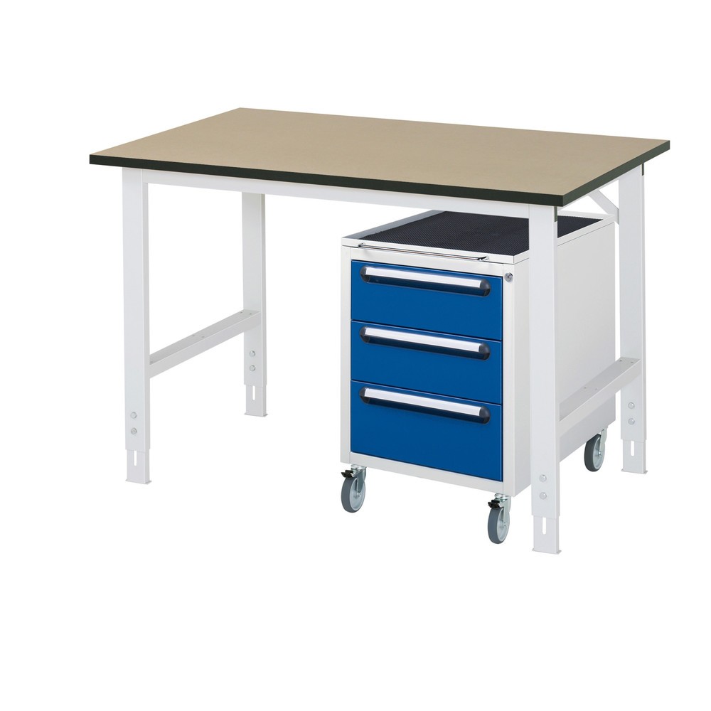 Produktabbildung Nr. 1: RAU Kit d'atelier TOM en 2 parties, avec table de travail, HxlxP 760-1 080 x 1 250 x 800 mm, plan de travail en MDF, incl. caisson à roulettes avec 3 tiroirs, HxlxP 690 x 480 x 600 mm