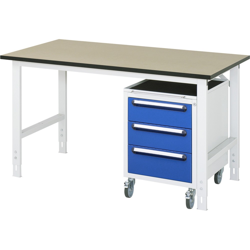 Produktabbildung Nr. 1: RAU Kit d'atelier TOM en 2 parties, avec table de travail, HxlxP 760-1 080 x 1 500 x 800 mm, plan de travail en MDF, incl. caisson à roulettes avec 3 tiroirs, HxlxP 690 x 480 x 600 mm