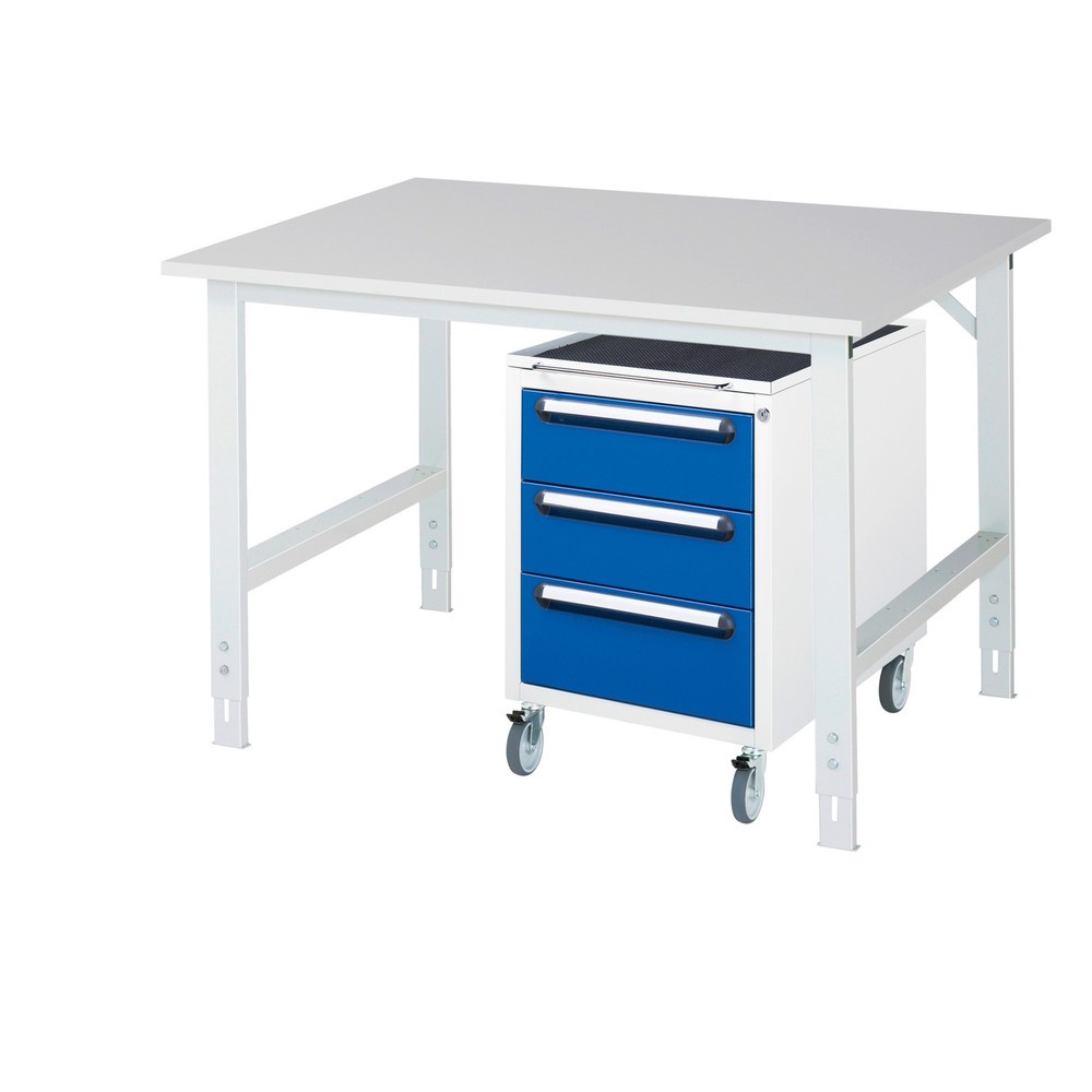 Produktabbildung Nr. 1: RAU Kit d'atelier TOM en 2 parties, avec table de travail, HxlxP 760-1 080 x 1 250 x 1 000 mm, plan de travail en mélamine, plus caisson à roulettes avec 3 tiroirs, HxlxP 690 x 480 x 600 mm