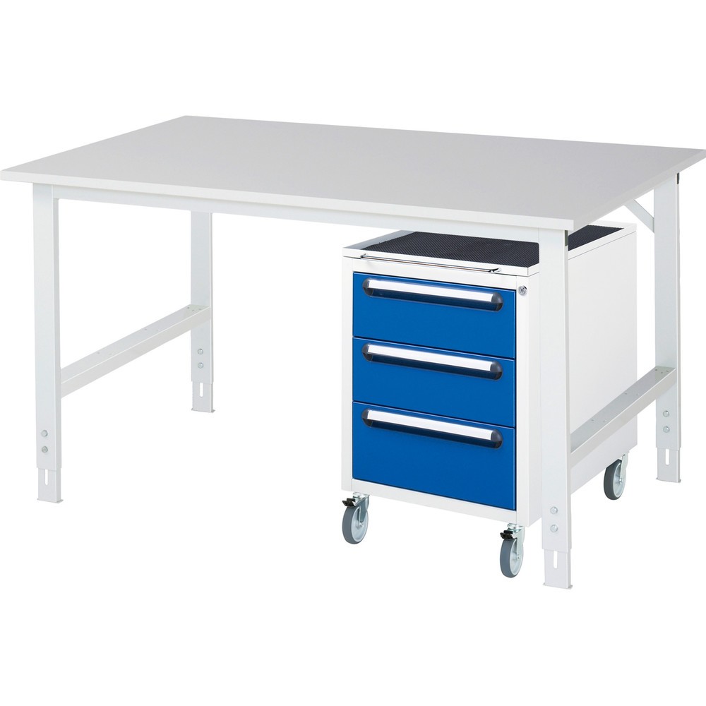 Produktabbildung Nr. 1: RAU Kit d'atelier TOM en 2 parties, avec table de travail, HxlxP 760-1 080 x 1 500 x 1 000 mm, plan de travail avec revêtement en mélamine, plus caisson à roulettes avec 3 tiroirs, HxlxP 690 x 480 x 600 mm