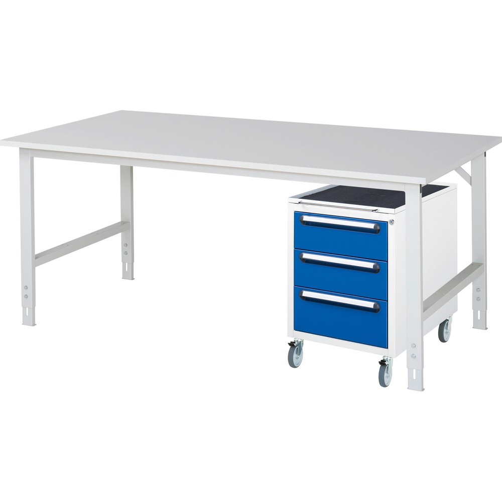 Produktabbildung Nr. 1: RAU Kit d'atelier TOM en 2 parties, avec table de travail, HxlxP 760-1 080 x 2 500 x 1 000 mm, plan de travail avec revêtement en mélamine, plus caisson à roulettes avec 3 tiroirs, HxlxP 690 x 480 x 600 mm