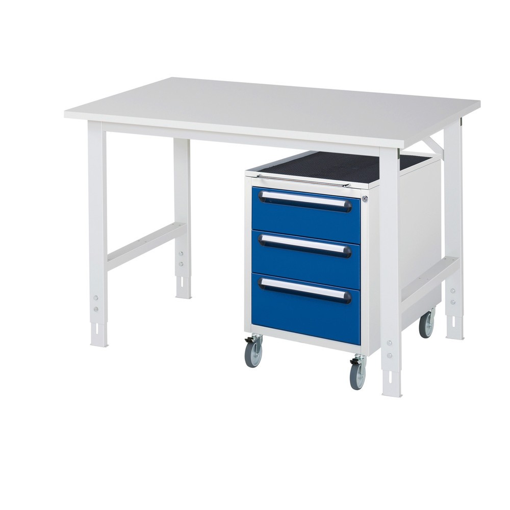 Produktabbildung Nr. 1: RAU Kit d'atelier TOM en 2 parties, avec table de travail, HxlxP 760-1 080 x 1 250 x 800 mm, plan de travail avec revêtement en mélamine, plus caisson à roulettes avec 3 tiroirs, HxlxP 690 x 480 x 600 mm