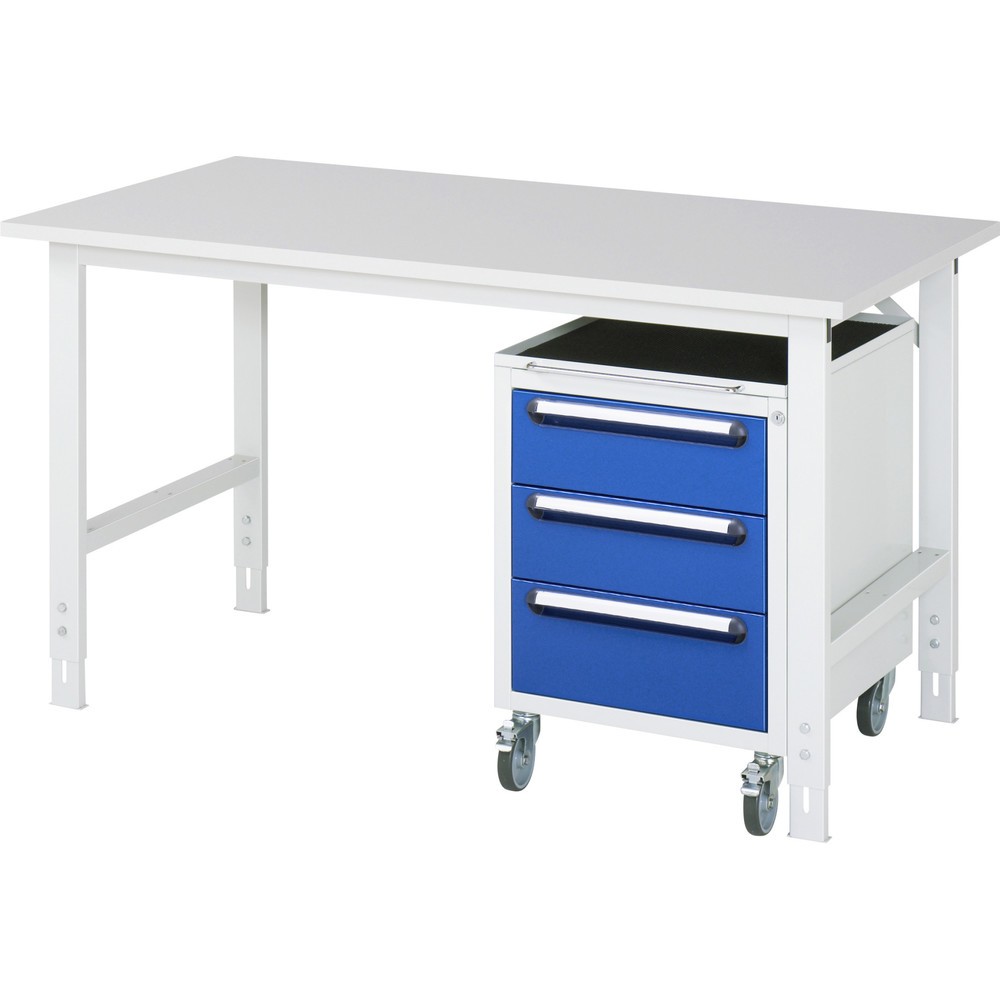 Produktabbildung Nr. 1: RAU Kit d'atelier TOM en 2 parties, avec table de travail, HxlxP 760-1 080 x 1 500 x 800 mm, plan de travail avec revêtement en mélamine, plus caisson à roulettes avec 3 tiroirs, HxlxP 690 x 480 x 600 mm