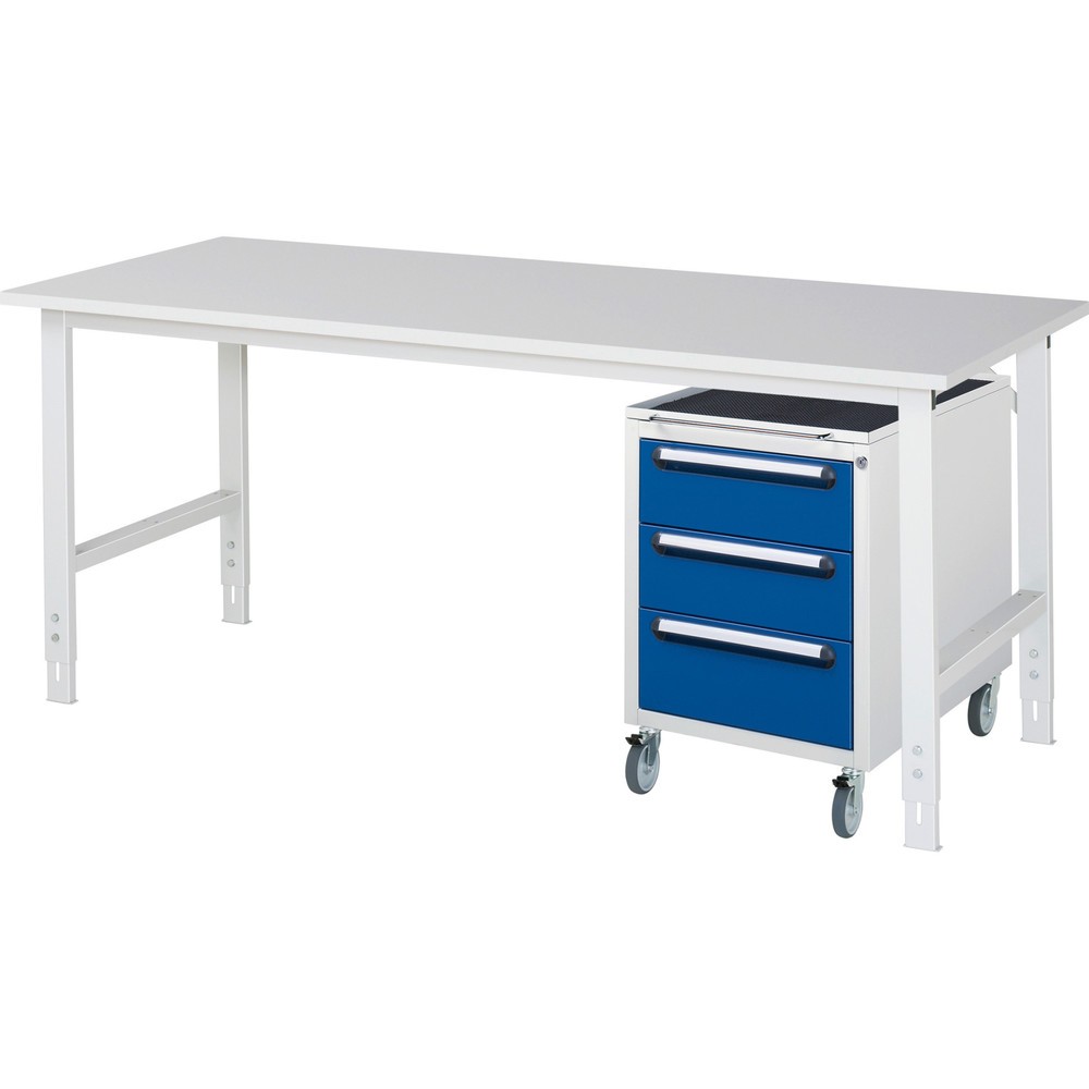 Produktabbildung Nr. 1: RAU Kit d'atelier TOM en 2 parties, avec table de travail, HxlxP 760-1 080 x 2 500 x 800 mm, plan de travail avec revêtement en mélamine, plus caisson à roulettes avec 3 tiroirs, HxlxP 690 x 480 x 600 mm