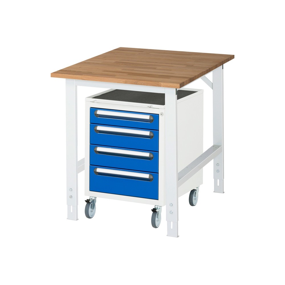Produktabbildung Nr. 1: RAU Kit d'atelier TOM en 2 parties, avec établi, Hxlxp 760-1 080 x 750 x 1 000 mm, Plan de travail en hêtre massif, incl. caisson à roulettes avec 3 tiroirs, HxlxP 690 x 480 x 600 mm