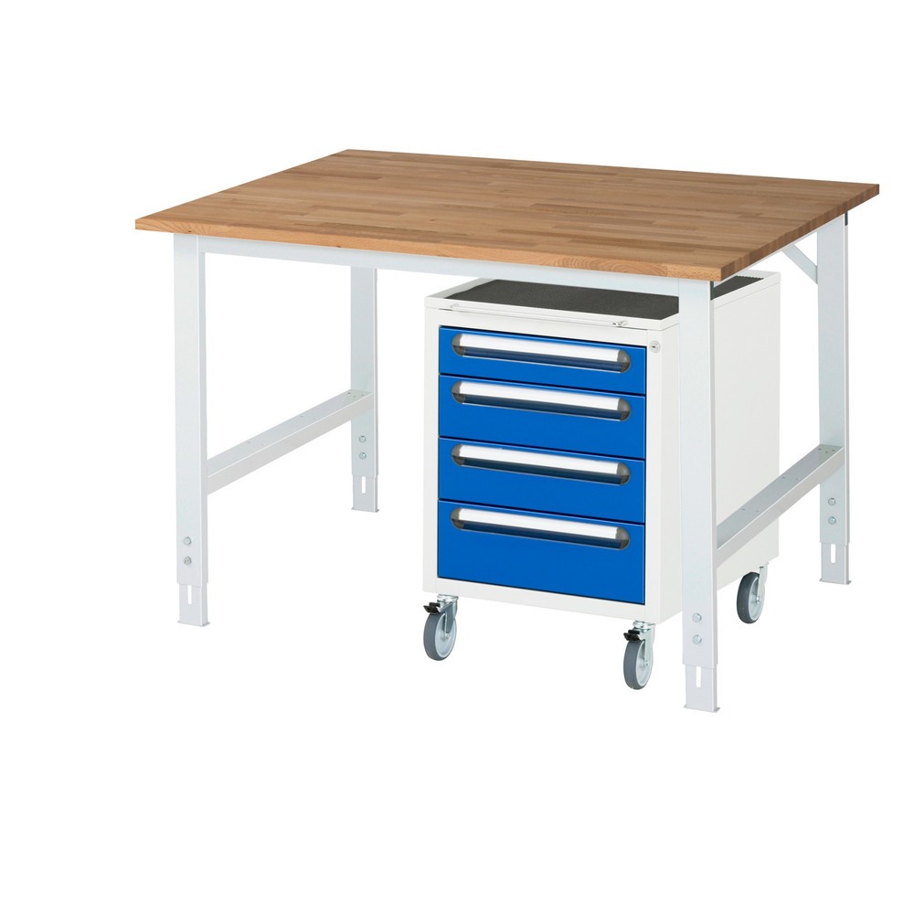 Produktabbildung Nr. 1: RAU Kit d'atelier TOM en 2 parties, avec établi, Hxlxp 760-1 080 x 1 250 x 1 000 mm, Plan de travail en hêtre massif, incl. caisson à roulettes avec 3 tiroirs, HxlxP 690 x 480 x 600 mm