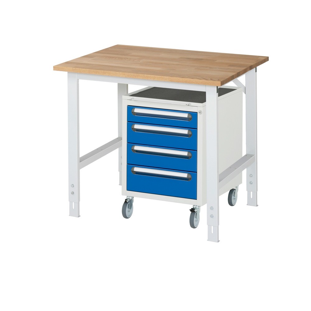 Produktabbildung Nr. 1: RAU Kit d'atelier TOM en 2 parties, avec établi, Hxlxp 760-1 080 x 1 000 x 800 mm, Plan de travail en hêtre massif, incl. caisson à roulettes avec 3 tiroirs, HxlxP 690 x 480 x 600 mm