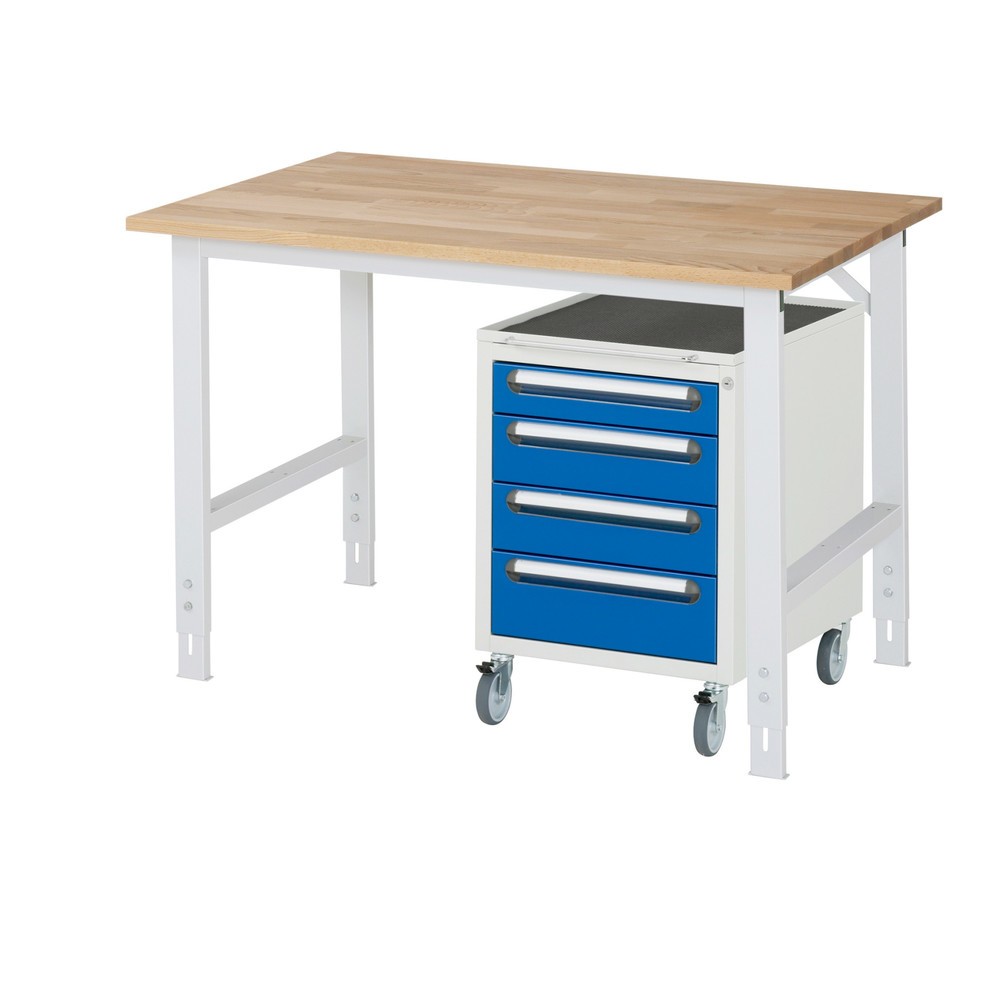 Produktabbildung Nr. 1: RAU Kit d'atelier TOM en 2 parties, avec établi, Hxlxp 760-1 080 x 1 250 x 800 mm, Plan de travail en hêtre massif, incl. caisson à roulettes avec 3 tiroirs, HxlxP 690 x 480 x 600 mm