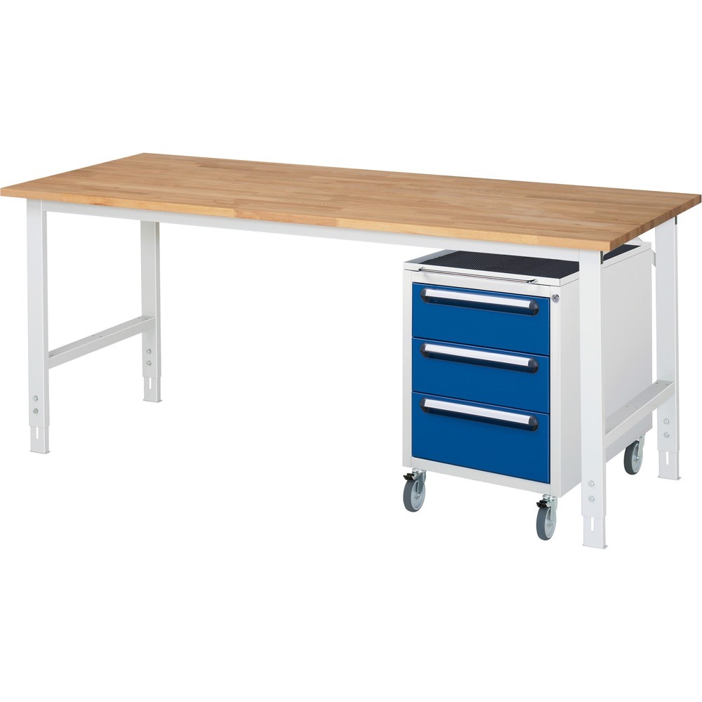 Produktabbildung Nr. 1: RAU Kit d'atelier TOM en 2 parties, avec établi, Hxlxp 760-1 080 x 2 500 x 800 mm, Plan de travail en hêtre massif, incl. caisson à roulettes avec 3 tiroirs, HxlxP 690 x 480 x 600 mm