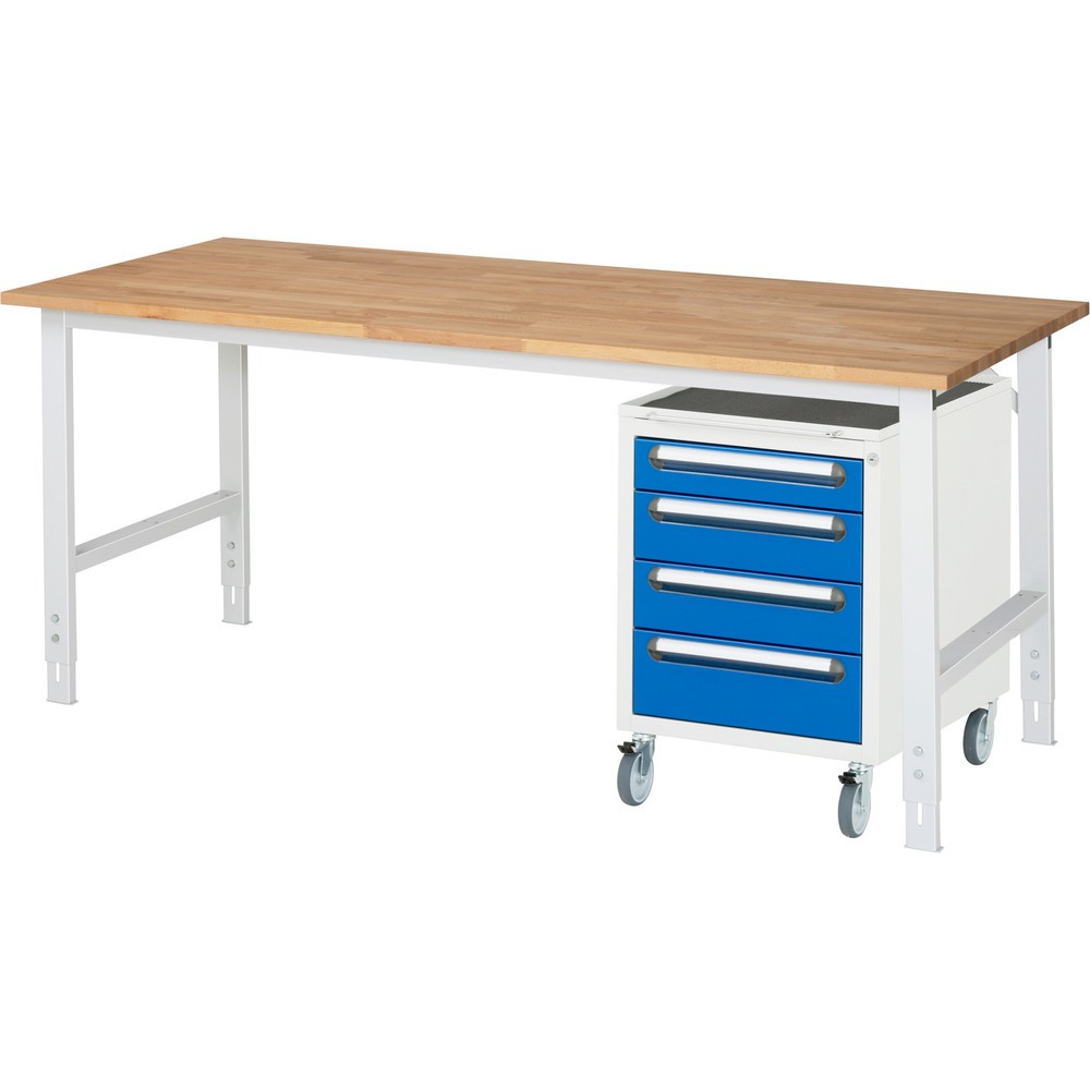 Produktabbildung Nr. 1: RAU Kit d'atelier TOM en 2 parties, avec établi, Hxlxp 760-1 080 x 2 500 x 800 mm, Plan de travail en hêtre massif, incl. caisson à roulettes avec 3 tiroirs, HxlxP 690 x 480 x 600 mm