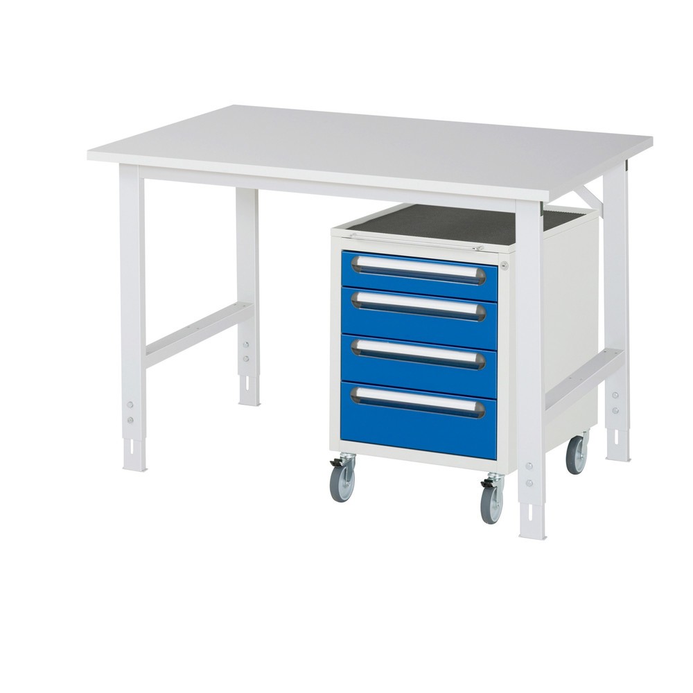 Illustration du produit: RAU Kit d'atelier TOM en 2 parties, avec table de travail, HxlxP 760-1 080 x 1 250 x 800 mm, plan de travail avec revêtement en mélamine, plus caisson à roulettes avec 3 tiroirs, HxlxP 690 x 480 x 600 mm